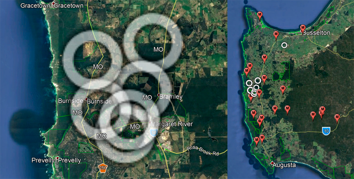 Margaret River encircled by Masked Owl breeding pairs as at summer 2019-20 Image Google Earth